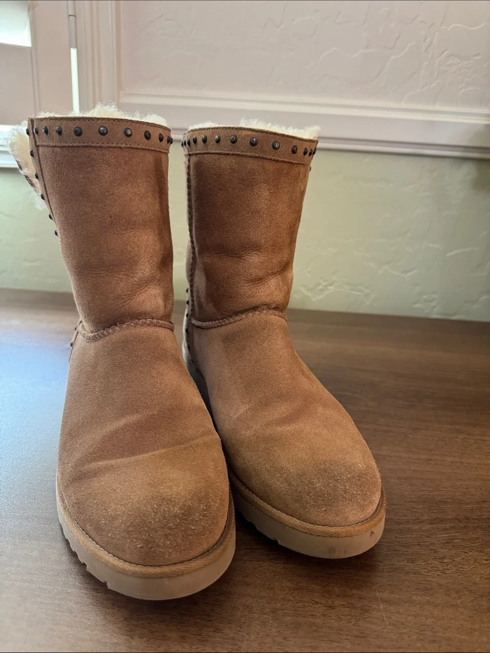 UGG Women’s Tan Suede Shearling-Lined Boots with Stud Detail, Sz. 8.5